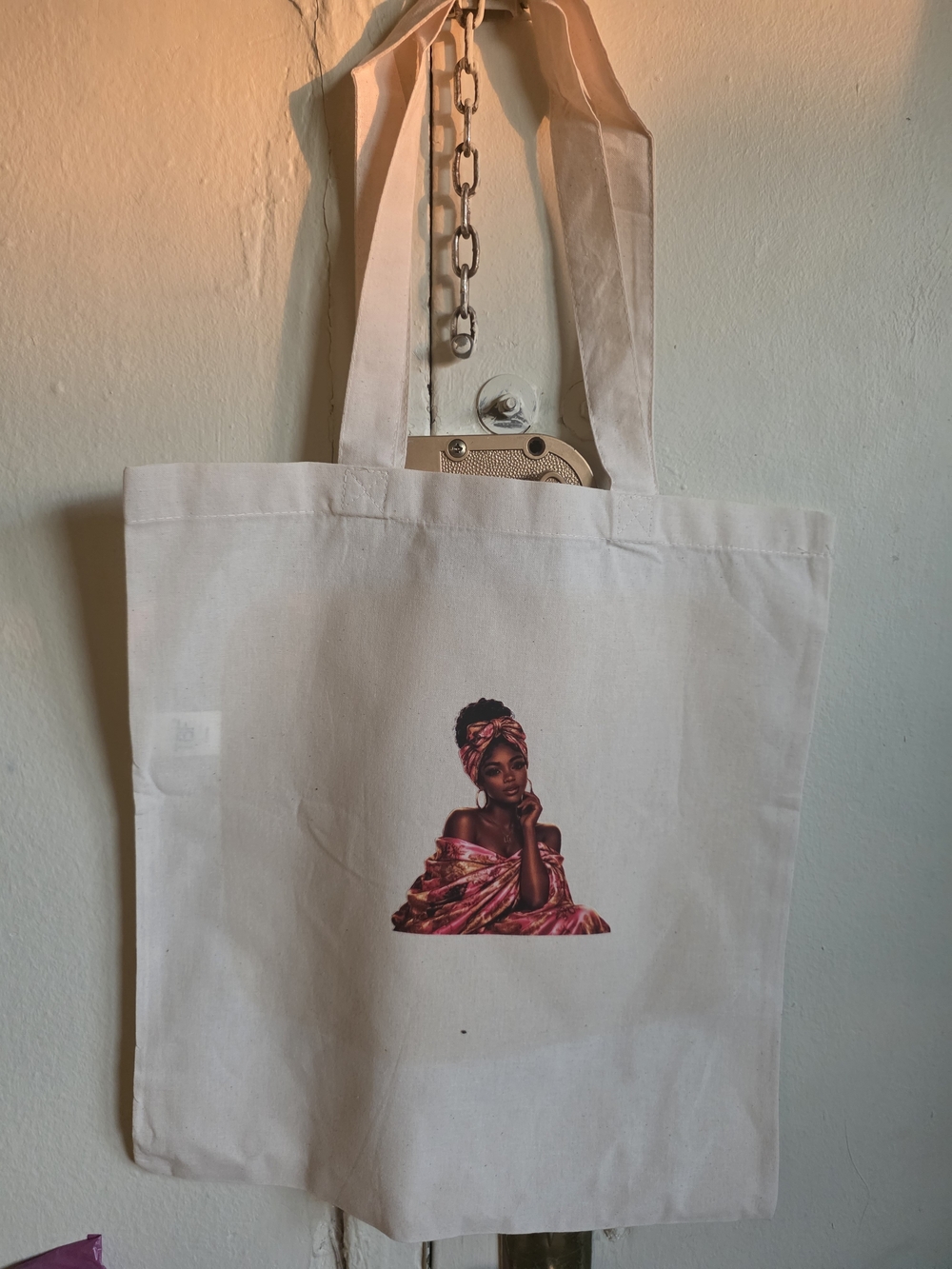 Neutral Canvas Tote with Pink Portrait Artwork